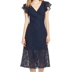 New! ALI & JAY Laces & Paper Flowers Ruffled Short Sleeve Midi Wrap Dress